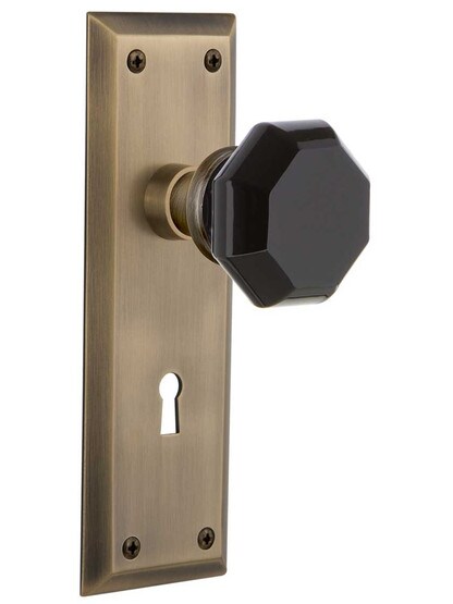 New York Mortise Lock Set with Colored Waldorf Crystal Glass Knobs Black in Antique Brass.